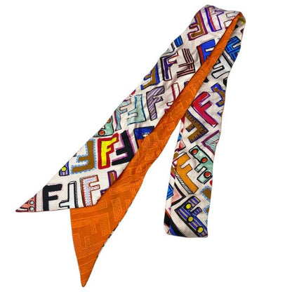 Fendi Lappy Scarf Twirly Scarf Ribbon Scarf Ff Logo Reversible Multi Orange