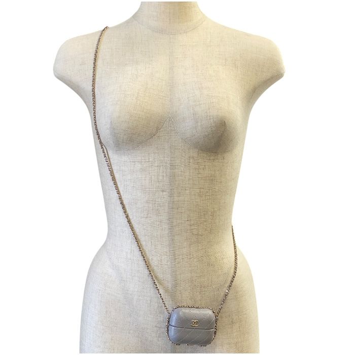 Chanel Airpods Case Airpods Case Matelasse Chain Charm Lambskin Coco Mark Grey