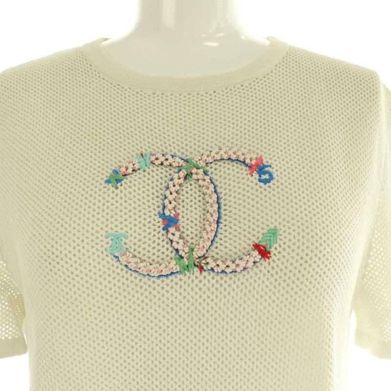 Chanel Coco Mark Mesh Short Sleeve Knit T-Shirt Cut and Sewn 34 White Nr - OS