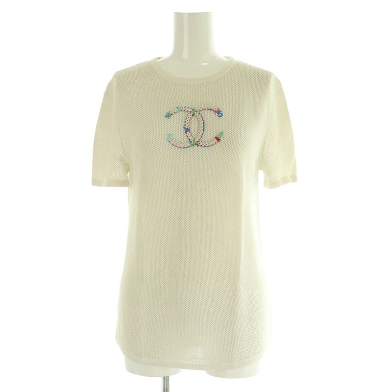 Chanel Coco Mark Mesh Short Sleeve Knit T-Shirt Cut and Sewn 34 White Nr - OS