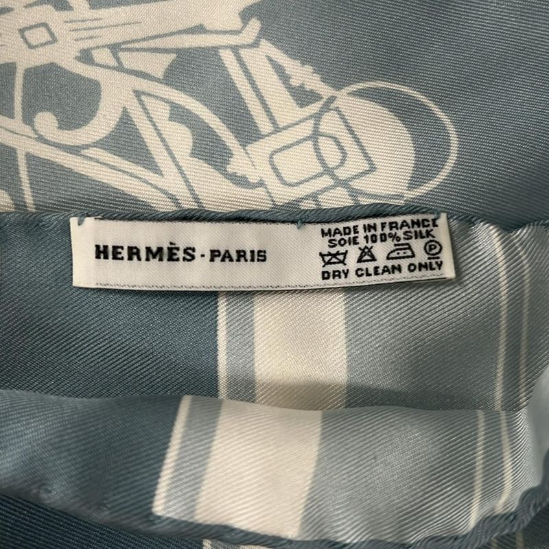 Hermes Scarf Blue Green and White Fringed Silk
