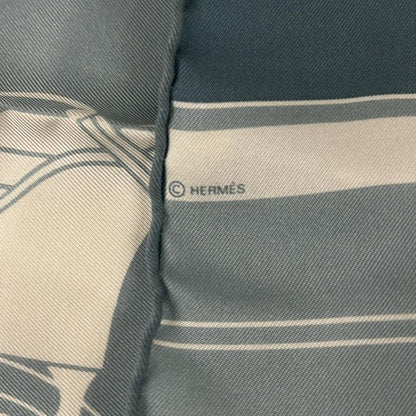 Hermes Scarf Blue Green and White Fringed Silk