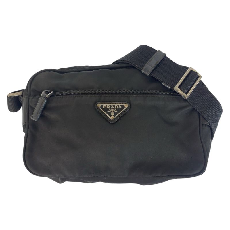 Prada Tessuto Triangle Logo Plate Black Silver Hardware Nylon Leather Shoulder