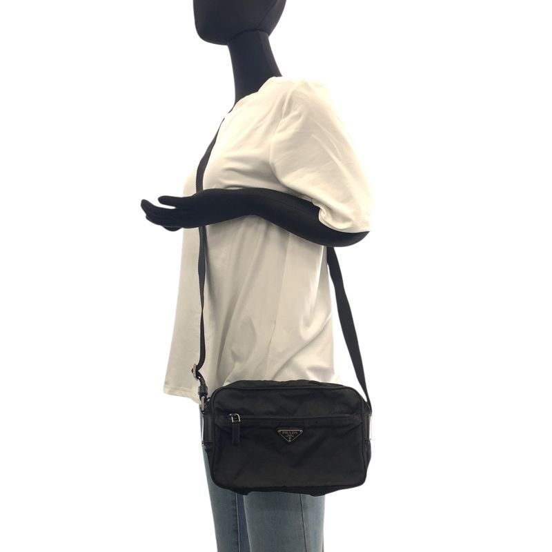 Prada Tessuto Triangle Logo Plate Black Silver Hardware Nylon Leather Shoulder