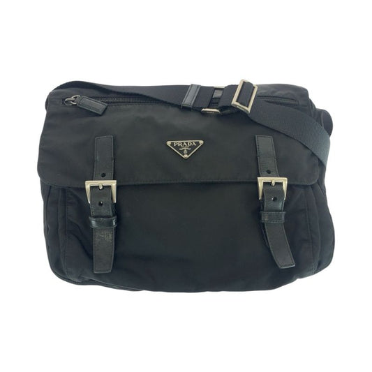 Prada Tessuto Triangle Logo Plate Black Silver Hardware Shoulder Bag Messenger