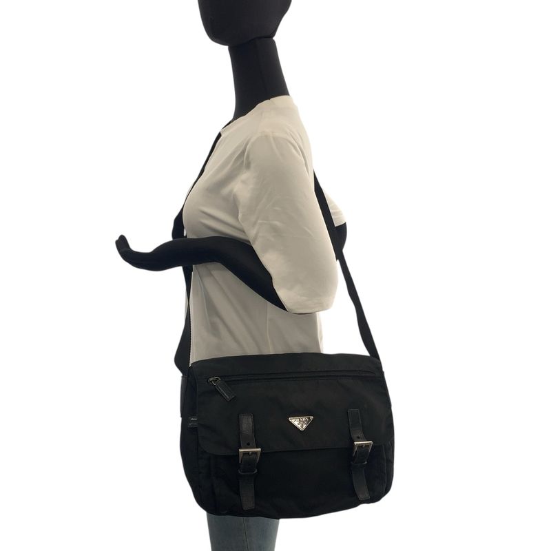 Prada Tessuto Triangle Logo Plate Black Silver Hardware Shoulder Bag Messenger