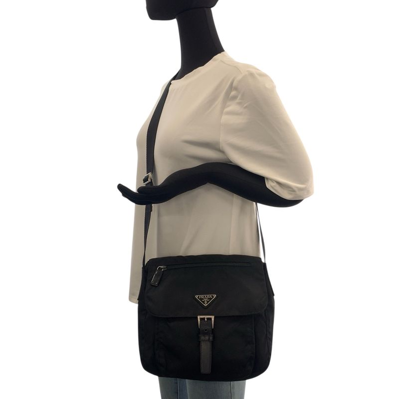 Prada Tessuto Triangle Logo Plate Black Silver Hardware Shoulder Bag Messenger