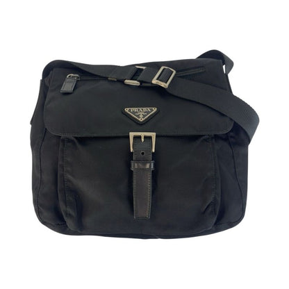Prada Tessuto Triangle Logo Plate Black Silver Hardware Shoulder Bag Messenger