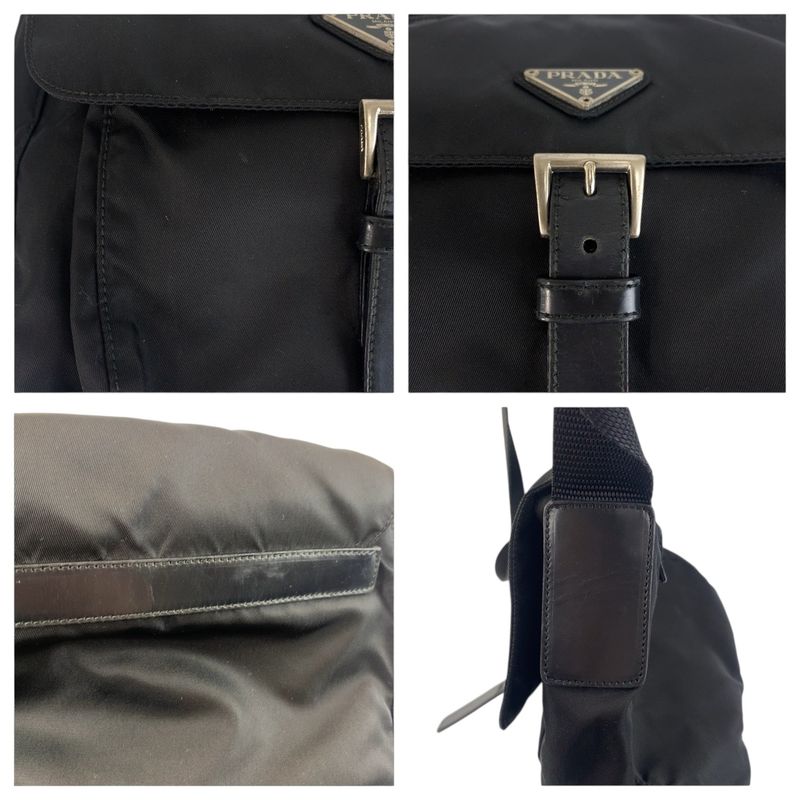 Prada Tessuto Triangle Logo Plate Black Silver Hardware Shoulder Bag Messenger
