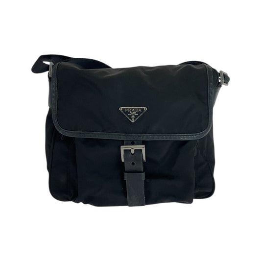 Prada Tessuto Triangle Logo Plate Black Silver Hardware Nylon Shoulder Bag