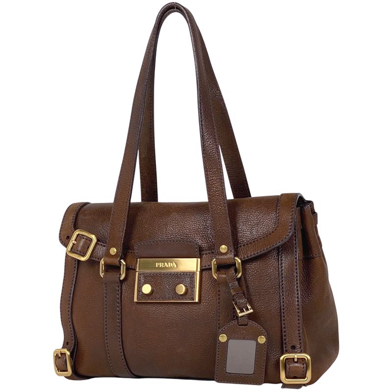 Prada Logo Handbag Shoulder Bag Handbag Leather Brown Women
