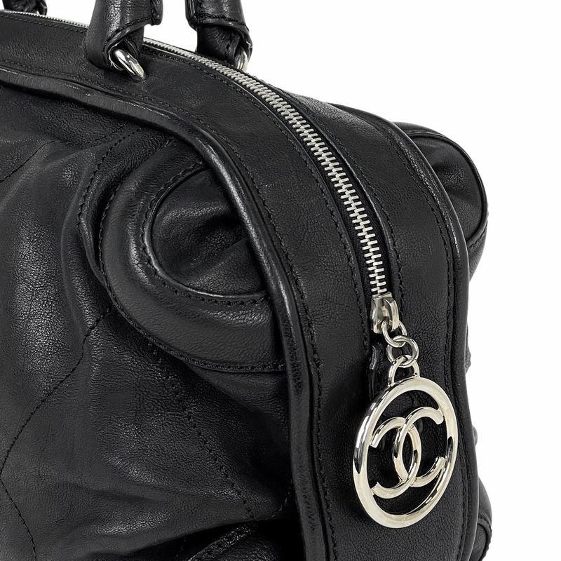 Chanel Coco Mark Handbag Mini Boston Handbag Leather Black Women