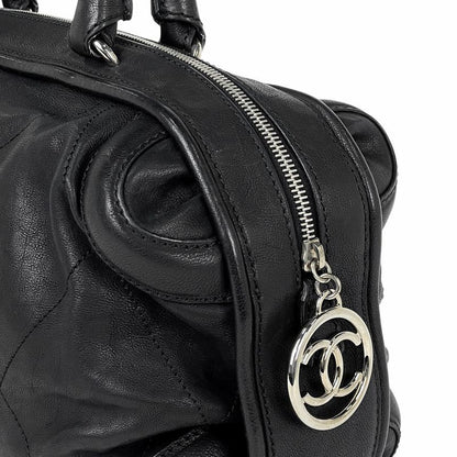 Chanel Coco Mark Handbag Mini Boston Handbag Leather Black Women