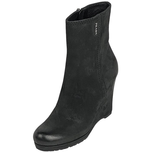 Prada Logo Zip Up Short Boots Sport Line Wedge Sole Shoes Boots Leather Black