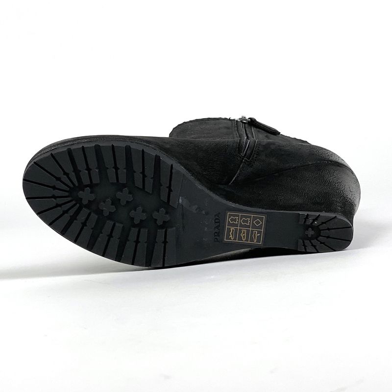 Prada Logo Zip Up Short Boots Sport Line Wedge Sole Shoes Boots Leather Black