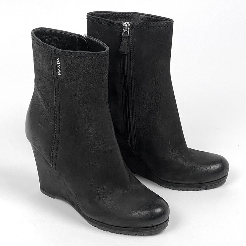 Prada Logo Zip Up Short Boots Sport Line Wedge Sole Shoes Boots Leather Black