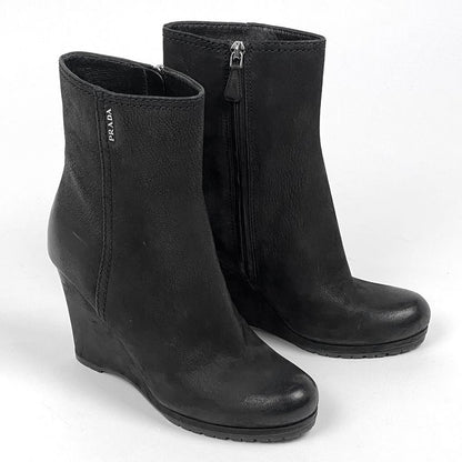 Prada Logo Zip Up Short Boots Sport Line Wedge Sole Shoes Boots Leather Black