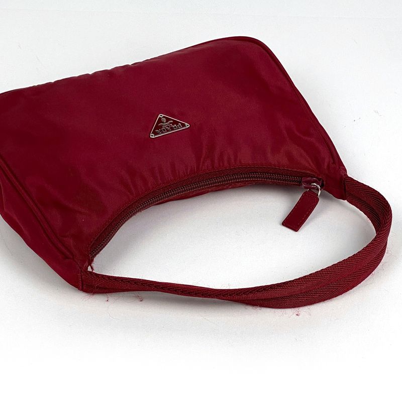 Prada Logo Plate Handbag Pouch Shoulder Bag Handbag Nylon Red Women