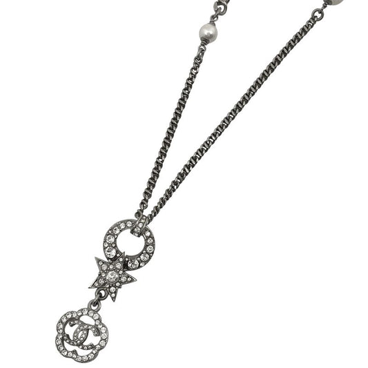 Chanel Coco Mark Faux Pearl Necklace Flower Star Rhinestone Necklace Silver