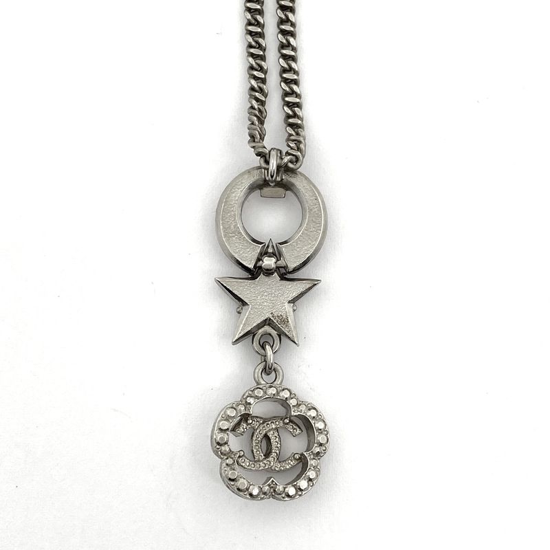 Chanel Coco Mark Faux Pearl Necklace Flower Star Rhinestone Necklace Silver