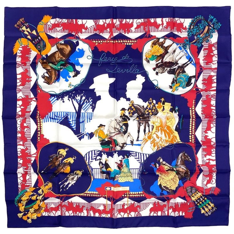 Hermes Carré 90 Feria de Sevilla Seville Holiday Scarf Silk Navy Ladies