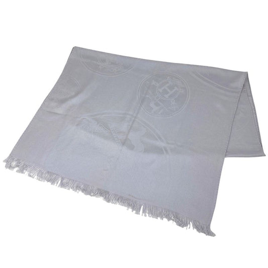 Hermes Fringe Shawl Logo Large Shawl Cashmere Silk Gray Women