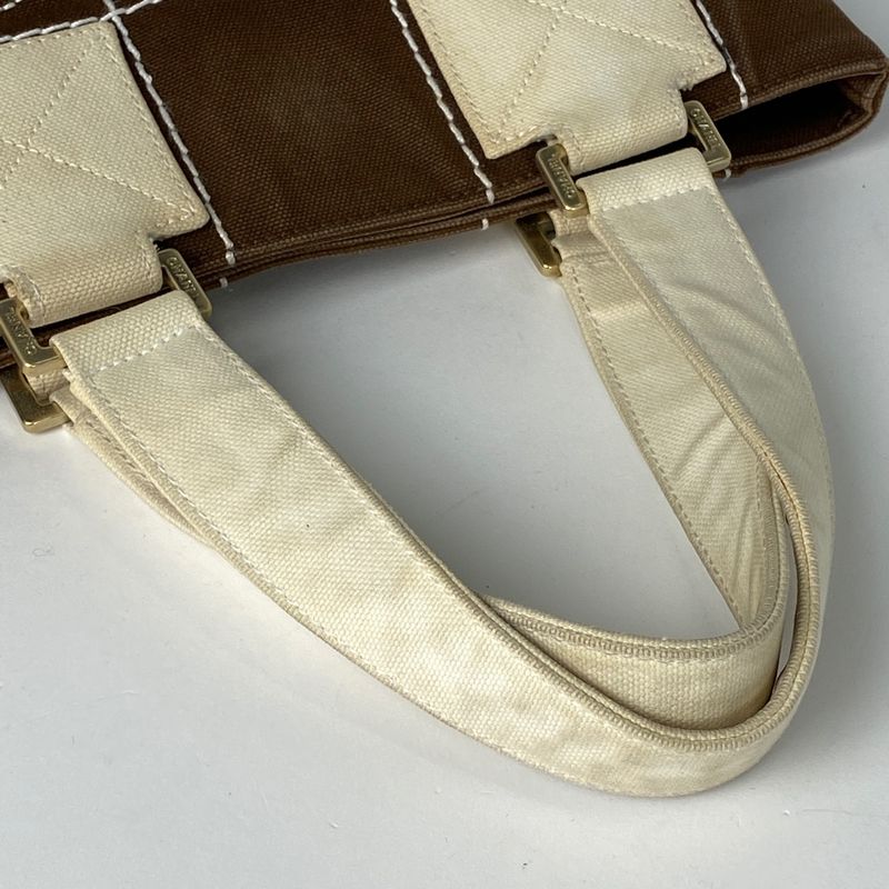 Chanel Coco Mark Tote Handbag Chocobar Tote Canvas Brown White A21375 Women