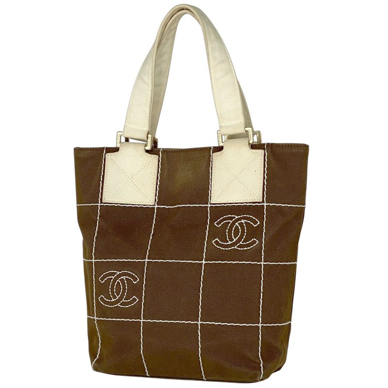 Chanel Coco Mark Tote Handbag Chocobar Tote Canvas Brown White A21375 Women