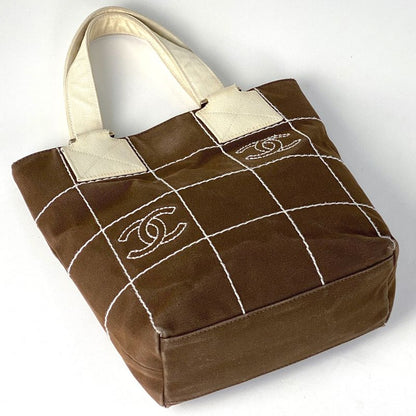 Chanel Coco Mark Tote Handbag Chocobar Tote Canvas Brown White A21375 Women