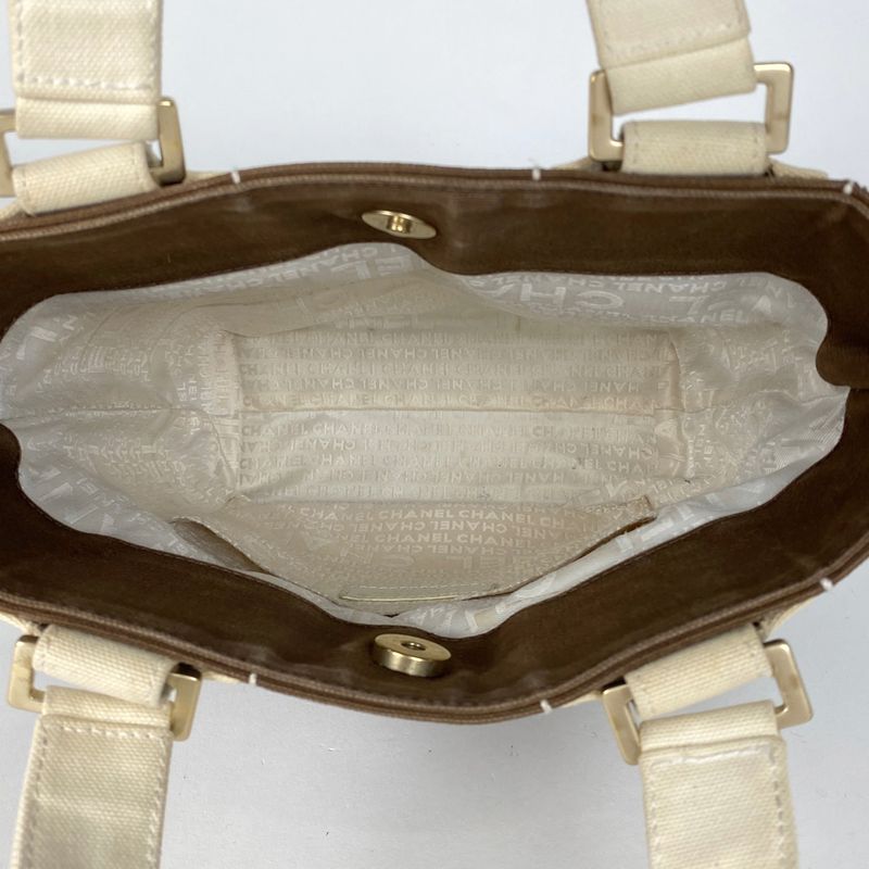 Chanel Coco Mark Tote Handbag Chocobar Tote Canvas Brown White A21375 Women