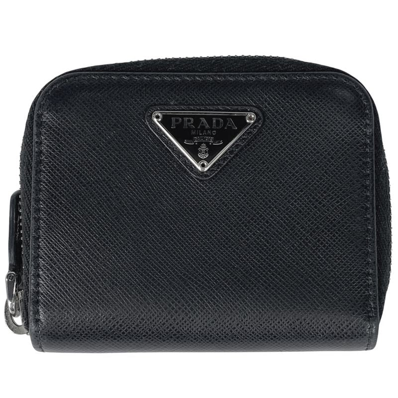 Prada Logo Plate Round Zipper Coin Case Coin Purse Coin Case Leather Nero