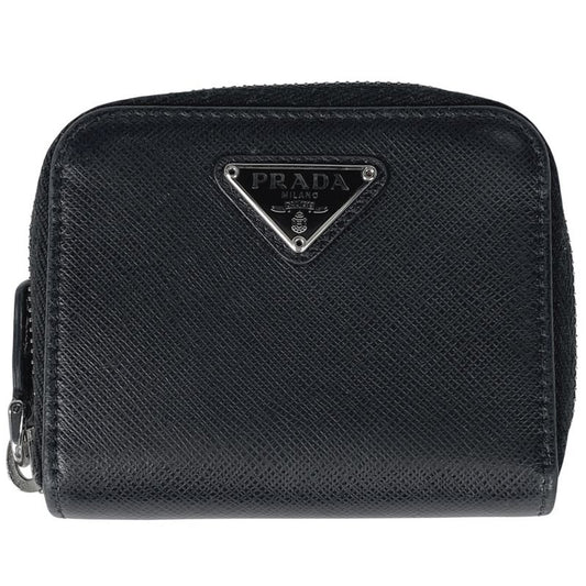 Prada Logo Plate Round Zipper Coin Case Coin Purse Coin Case Leather Nero