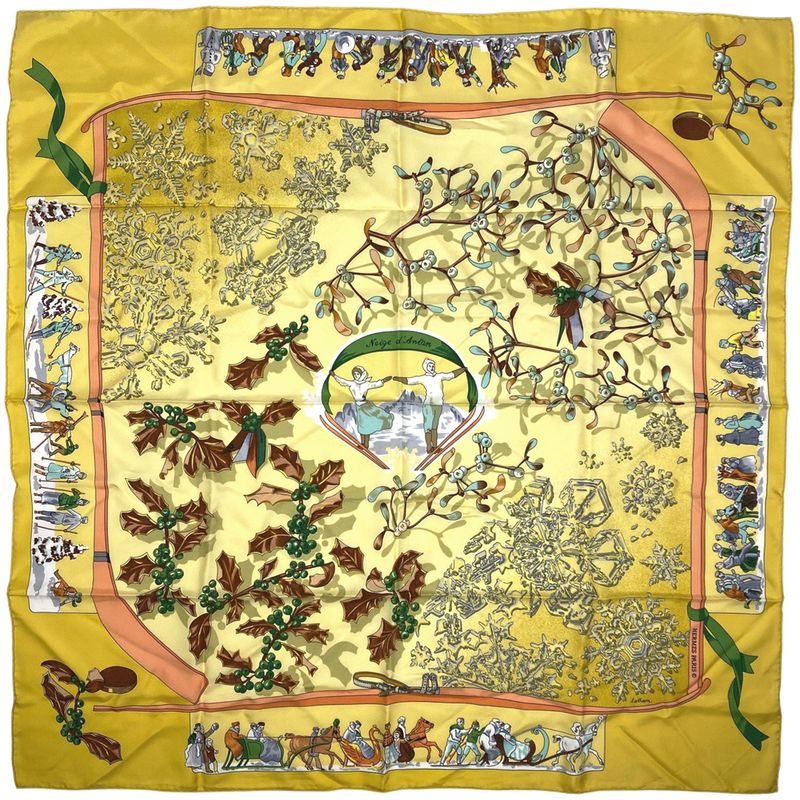 Hermes Carré 90 Neige D'antan Last Year's Snow Scarf Silk Yellow Multicolor