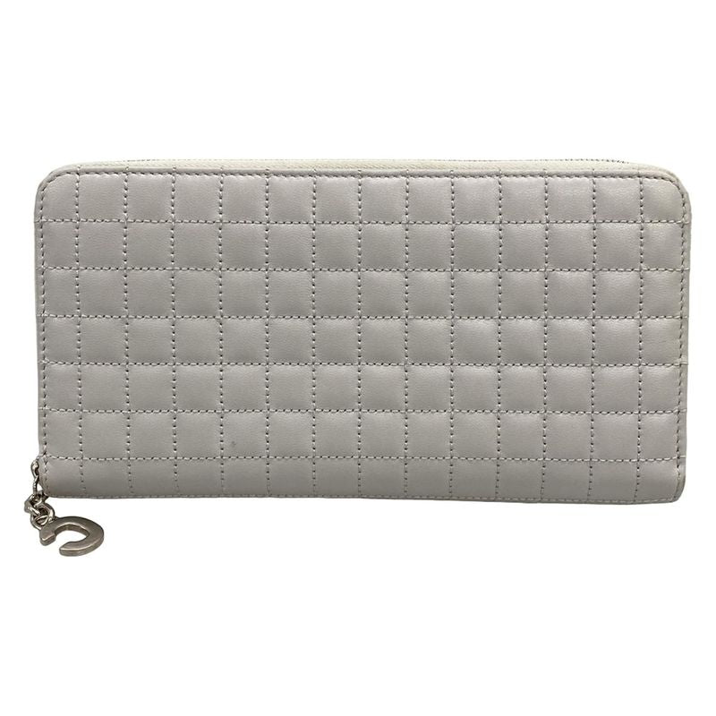 Celine Long Wallet - Light Gray Quilted Round Zipper Leather