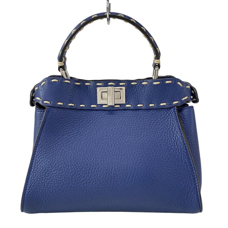 Fendi Handbag Peekaboo Iconic Small Selleria 8bn244 Blue Leather