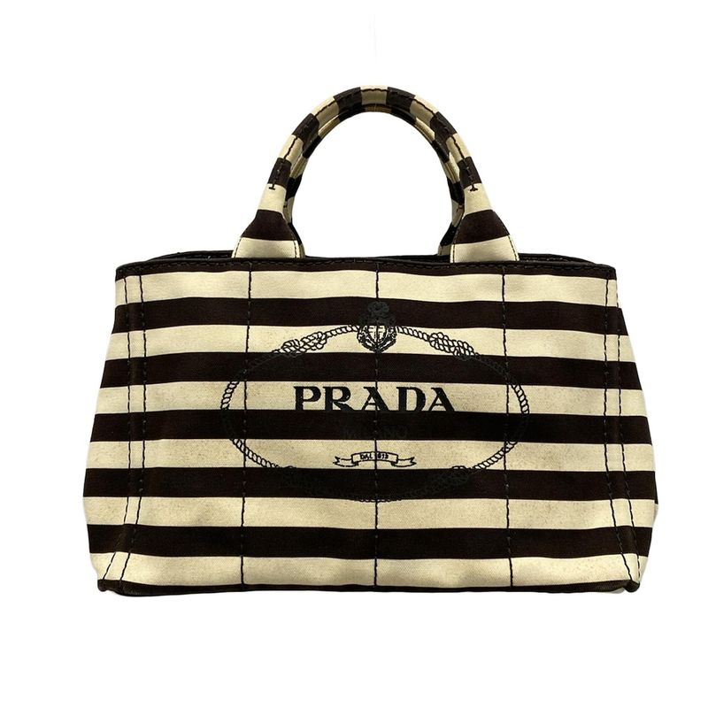 Prada Tote Bag Canapa B2642b Beige and Dark Brown Stripes