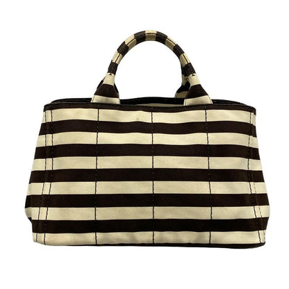 Prada Tote Bag Canapa B2642b Beige and Dark Brown Stripes