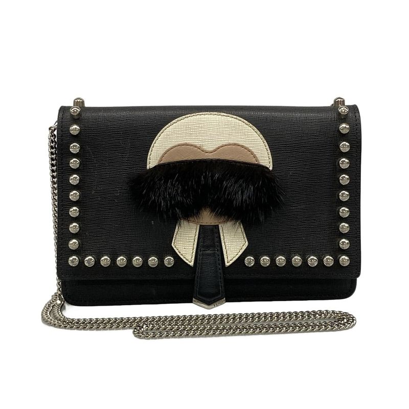 Fendi Shoulder Bag - 8m0346 Black Ivory and Beige Chain Wallet Leather Fur