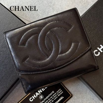 Chanel Coco W Hook Bifold Wallet Lamb Leather Black Compact Wallet with