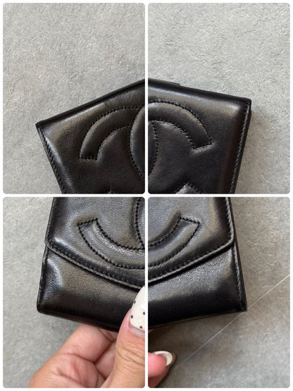 Chanel Coco W Hook Bifold Wallet Lamb Leather Black Compact Wallet with