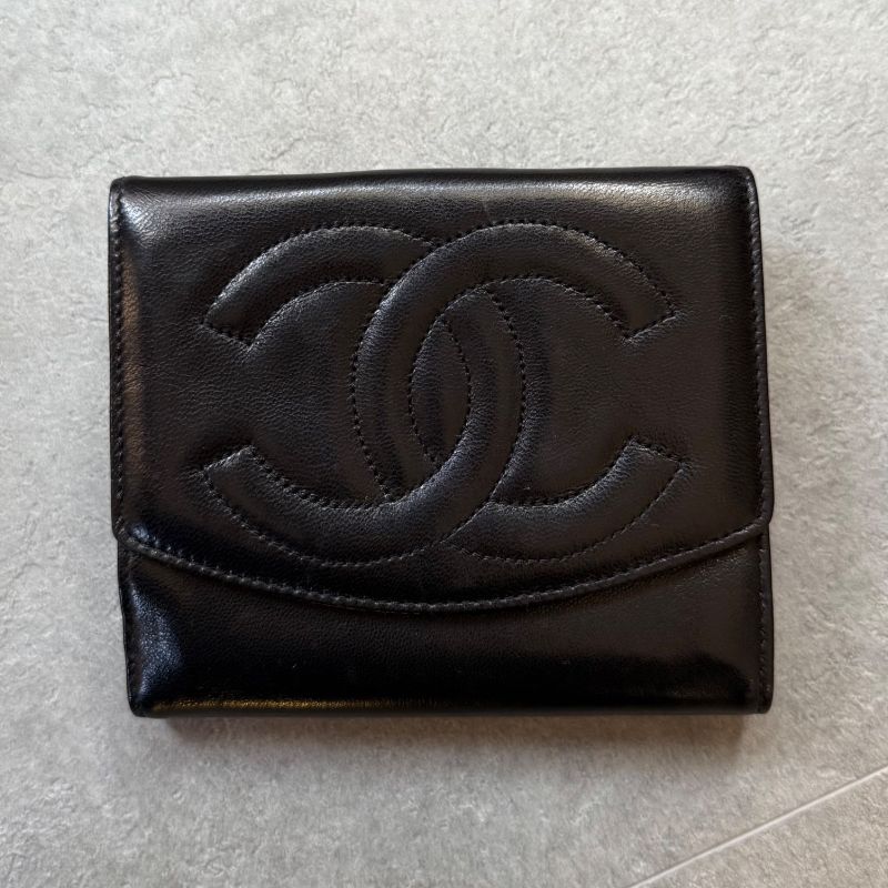 Chanel Coco W Hook Bifold Wallet Lamb Leather Black Compact Wallet with