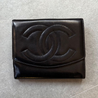 Chanel Coco W Hook Bifold Wallet Lamb Leather Black Compact Wallet with