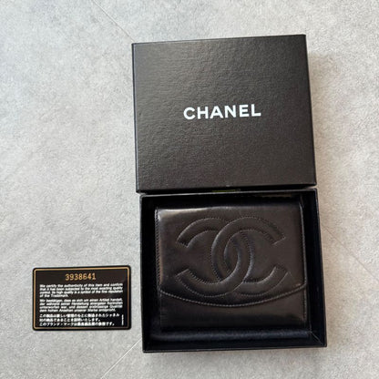 Chanel Coco W Hook Bifold Wallet Lamb Leather Black Compact Wallet with