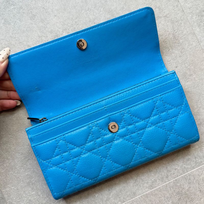 Christian Dior Caro Long Wallet in Canage Calfskin Blue CD Logo Quilted with Box