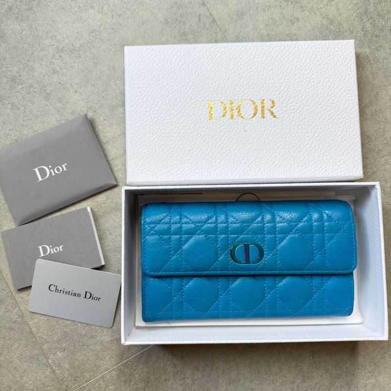 Christian Dior Caro Long Wallet in Canage Calfskin Blue CD Logo Quilted with Box