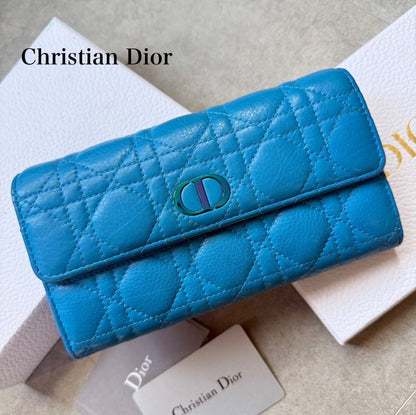 Christian Dior Caro Long Wallet in Canage Calfskin Blue CD Logo Quilted with Box