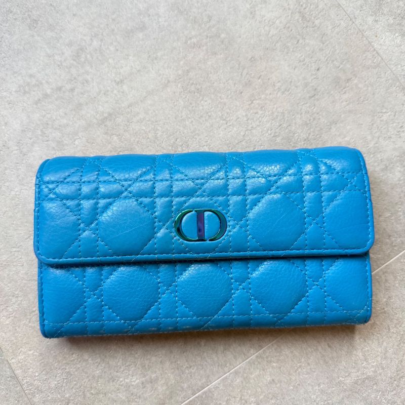 Christian Dior Caro Long Wallet in Canage Calfskin Blue CD Logo Quilted with Box
