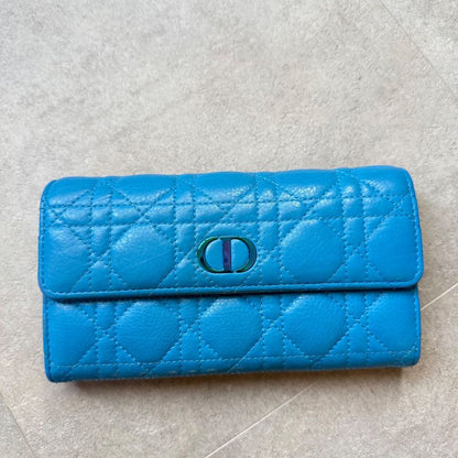 Christian Dior Caro Long Wallet in Canage Calfskin Blue CD Logo Quilted with Box