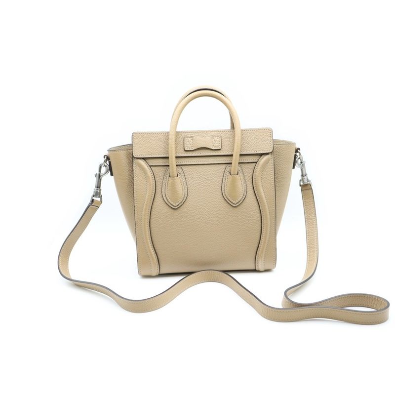 Celine Luggage Nano Shopper Handbag 2way Shoulder Dune Beige Leather