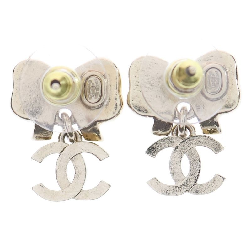Chanel Coco Mark Rhinestone Ribbon Earrings Gold GP L25p